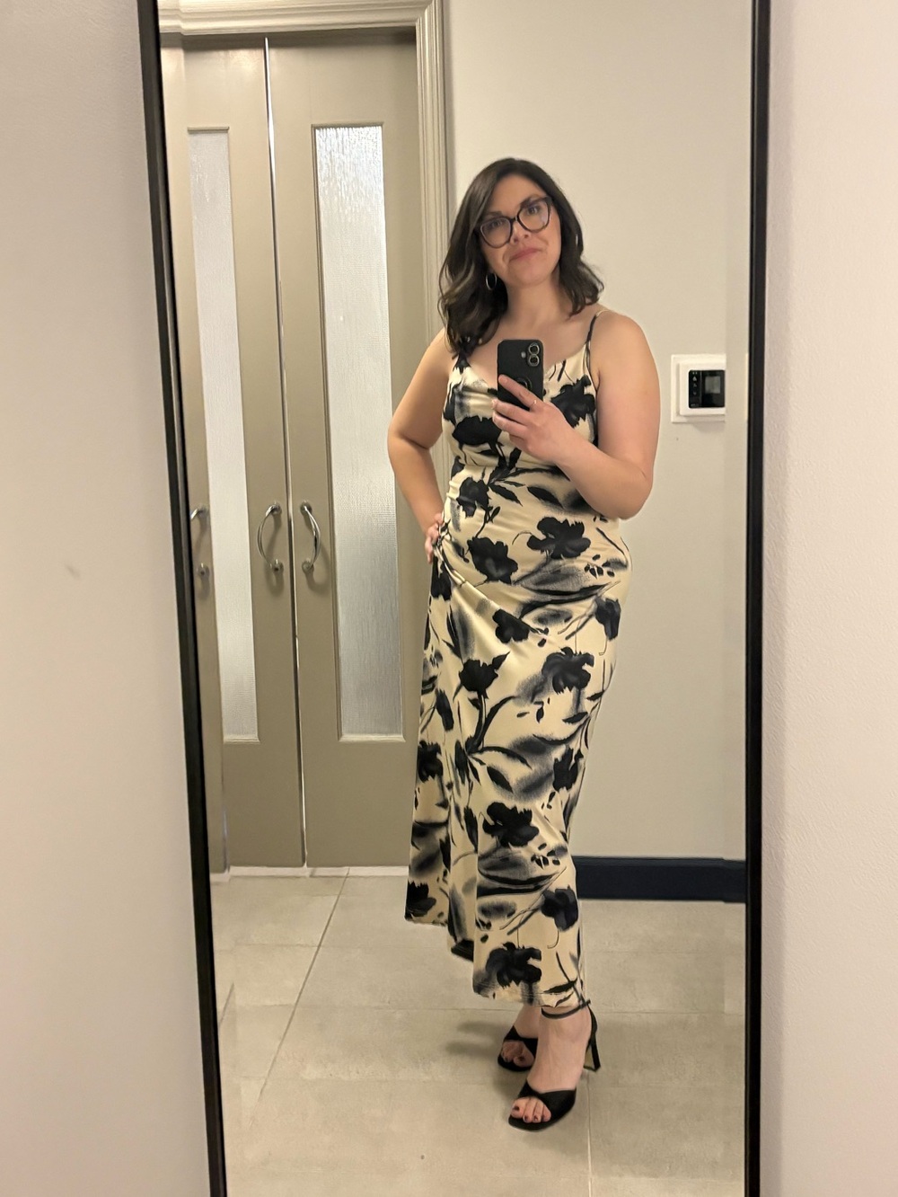 Vintage Newport News Floral Slip Dress Cream Black Cowl Neck Midi 90s